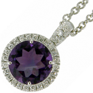 18ct Gold Round Amethyst and Diamond Cluster Pendant. - Click Image to Close
